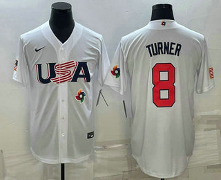 Men%27s USA Baseball #8 Trea Turner 2023 White World Baseball Classic Stitched Jerseys
